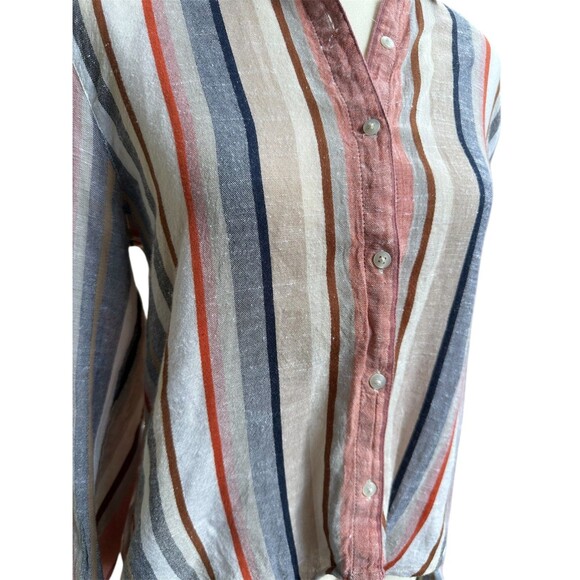 HARPER Linen Striped Button Up Tie Front Roll Cuff Sleeve Top Women's Size S - Picture 3 of 6